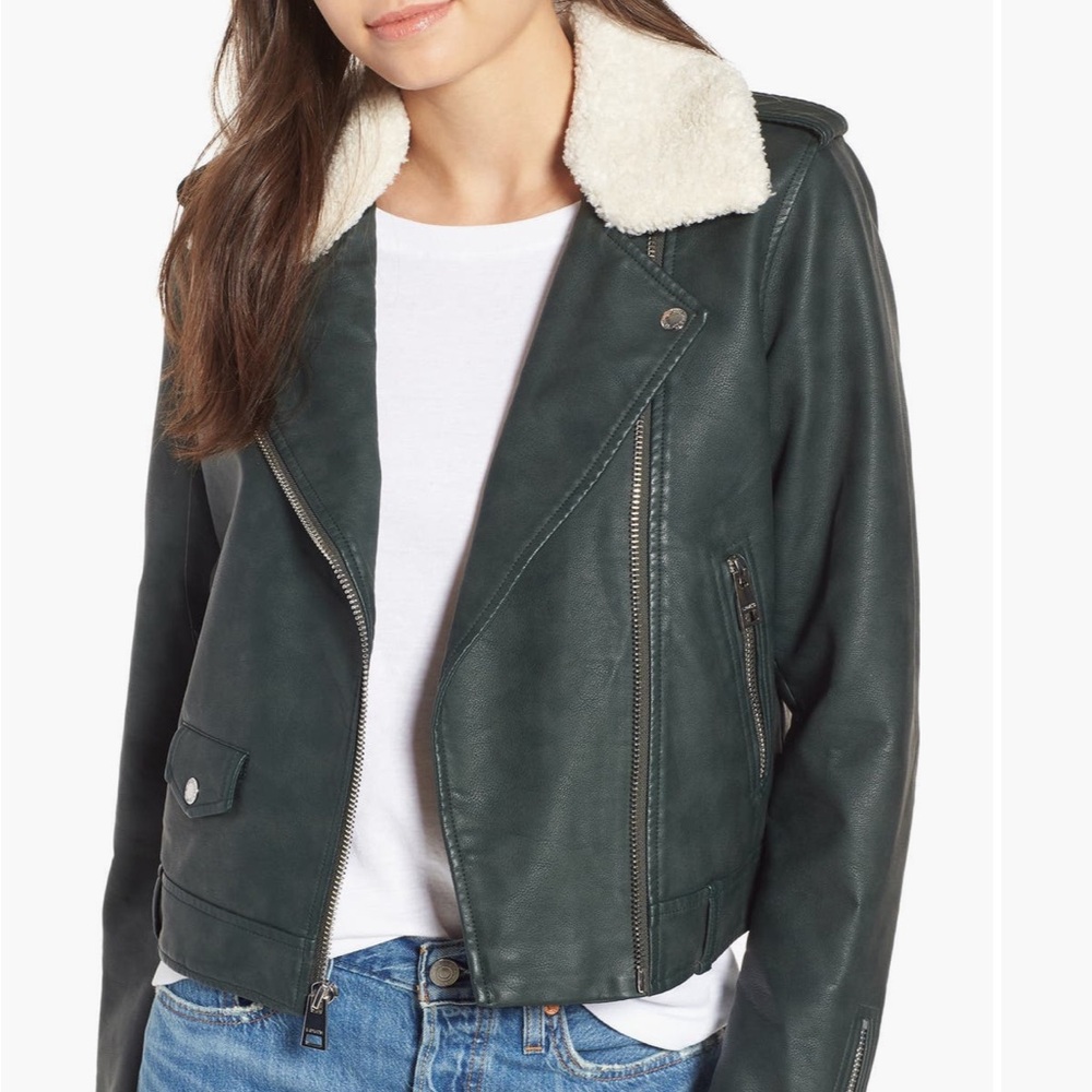 Levi's Dark Green Leather Jacket with Cream Faux Fur Collar